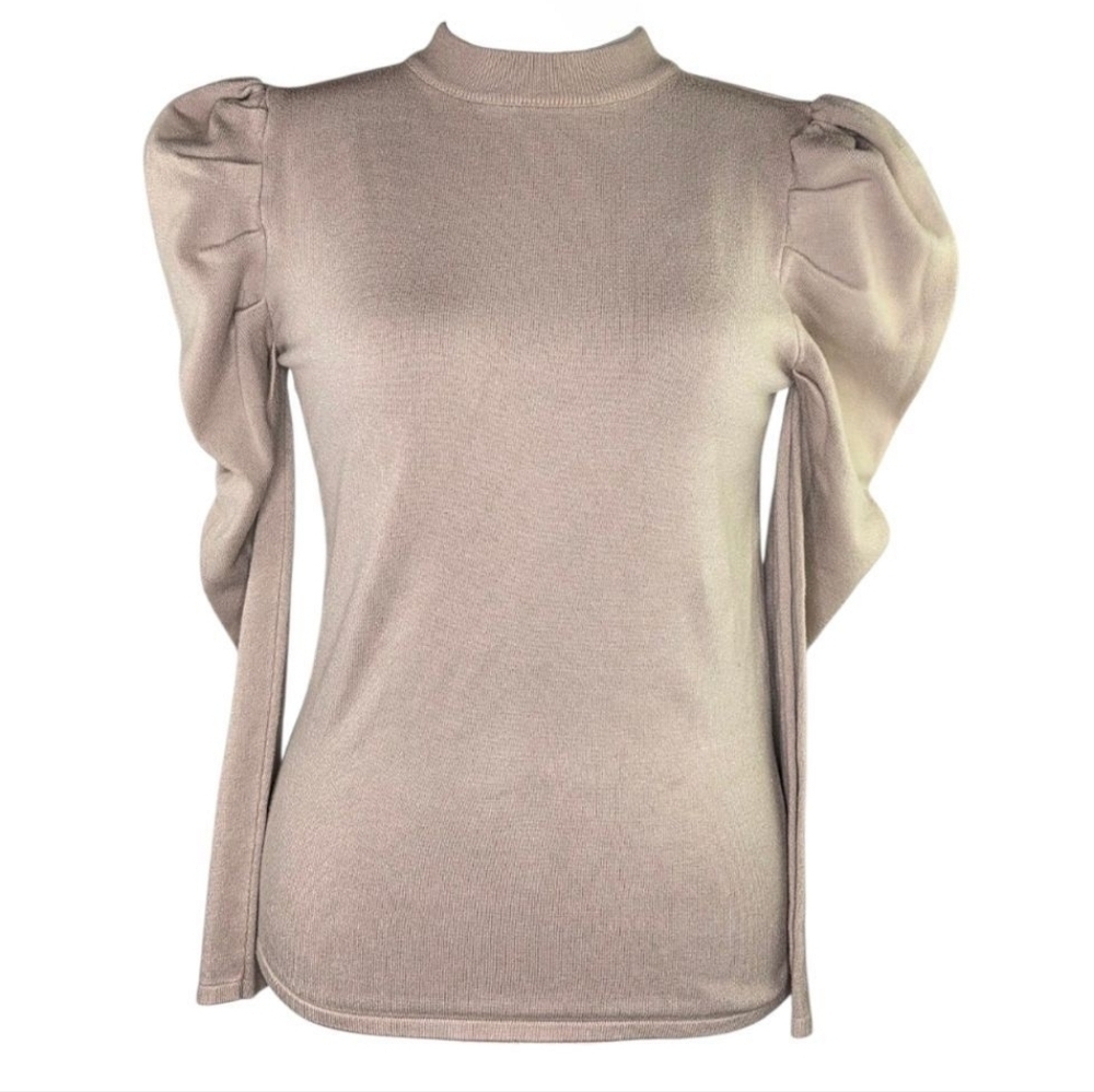 Main Strip taupe puff sleeve mock neck knit top beige neutral sweater Large